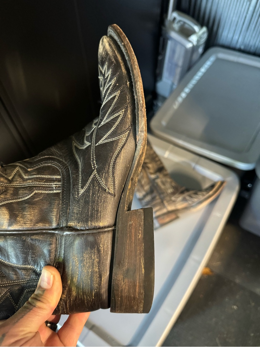 Stetson Distressed Black/Brown Embossed Leather Cowboy Boots - Picture 6 of 6